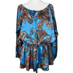 Asley Stewart Women's 18/20 Paisley Satin Blouse Blue Split Sleeve Boho